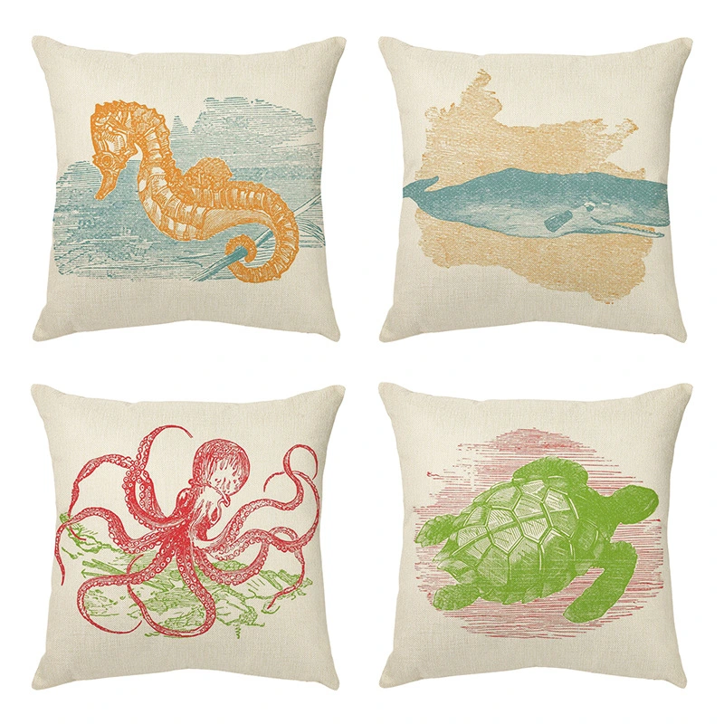 Seahorse, Whale, Octopus, Turtle Silhouette Drawing Linen Pillowcase