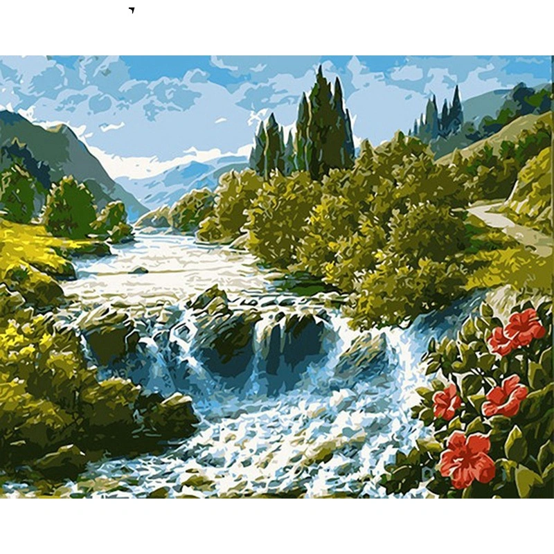 Diy Digital Oil Painting Hand-painted Landscape Architecture Oil Painting Home Decoration Murals Waterfall Woods