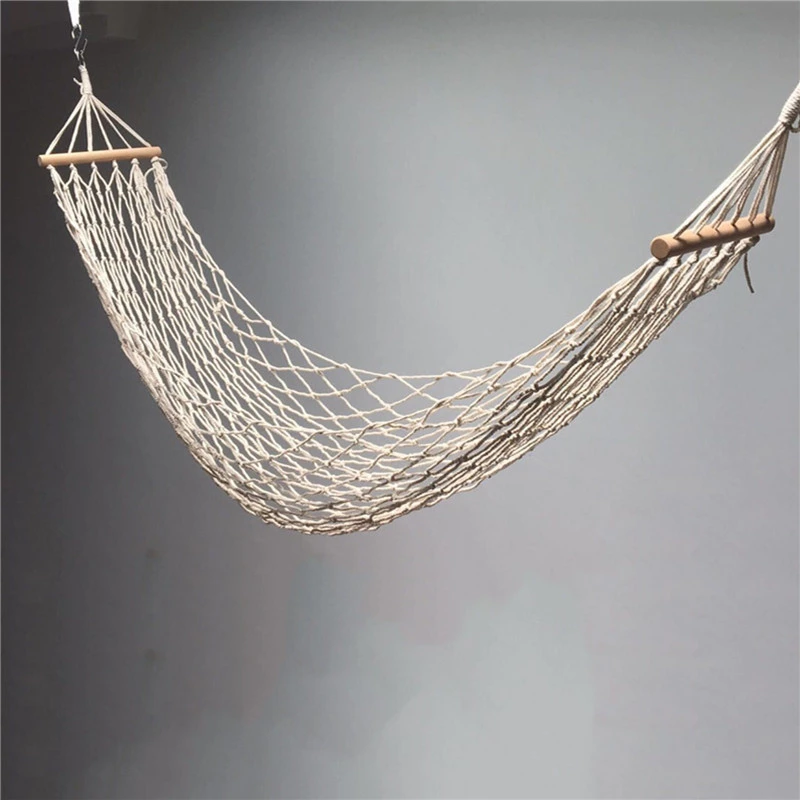 Outdoor Indoor Net-shaped Cotton Rope Hammock With Wooden Sticks