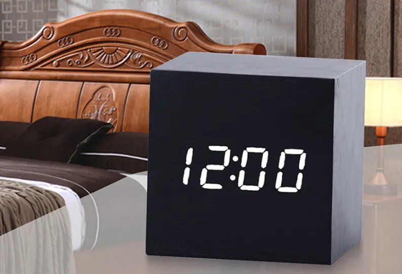 Wooden Clock Led Retro Creative Voice Control Luminous Bedside