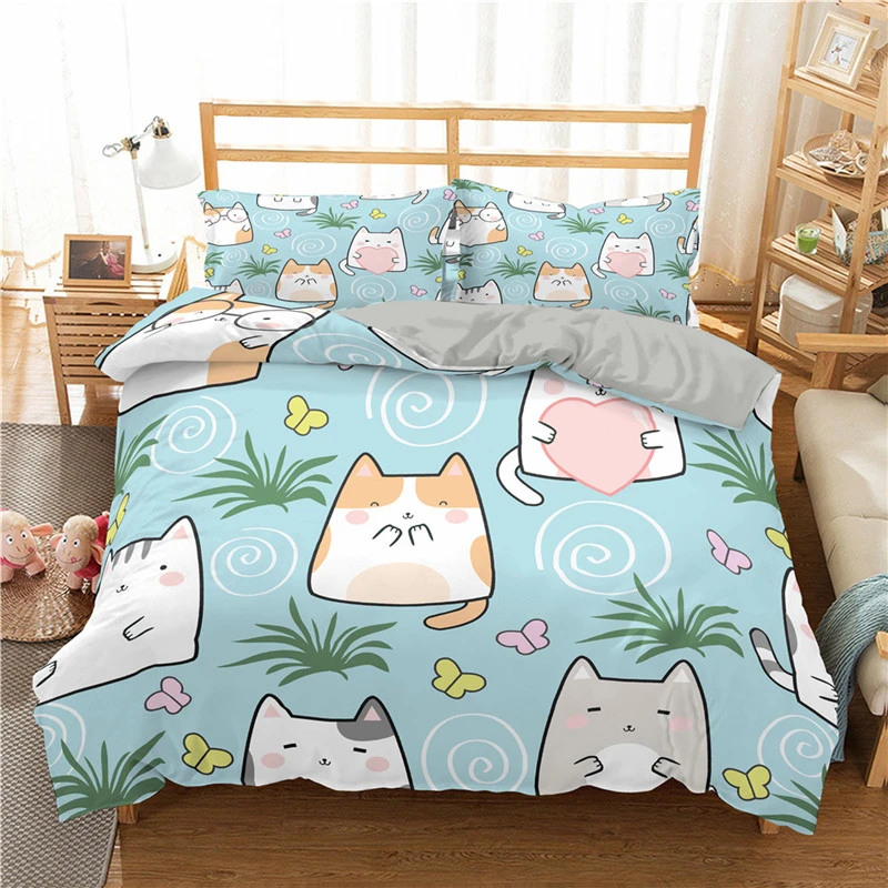 Home Textile Quilt Cover Pillowcase Cartoon Cat And Dog Three-piece Suit