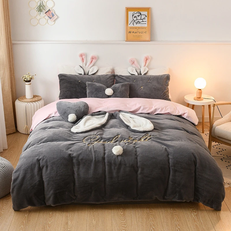 Girl Heart Cute Rabbit Four-Piece Set On The Bed In Winter Warmth And Thickened Double-Sided Coral Flannel Flannel