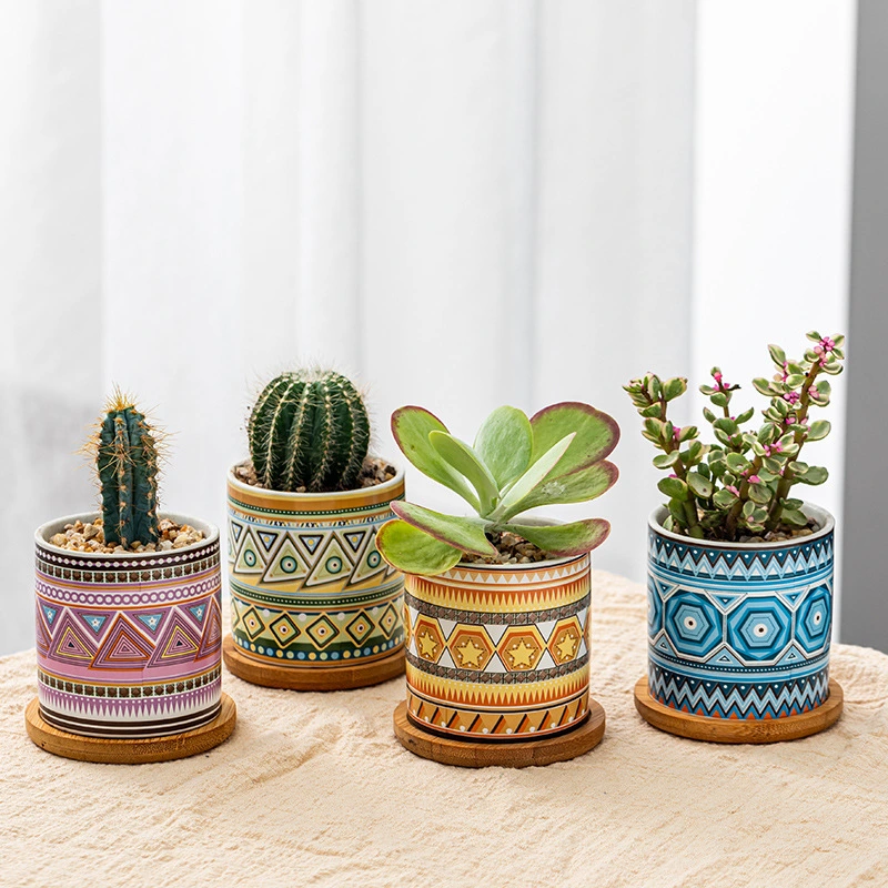 Succulent Flower Pot Straight Color Geometric Pattern Ceramic Pot Bottom Bracket Combination