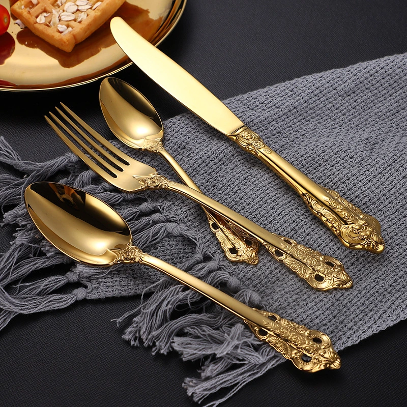 Gold-plated steak knife and fork vintage embossed tableware