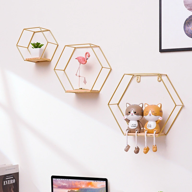 Hexagonal Shelves On Wrought Iron Wall