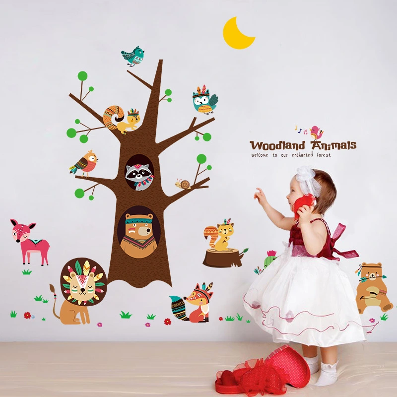 Retro Cute Animal Happy Tree Wall Stickers Children Bedroom Wall Stickers