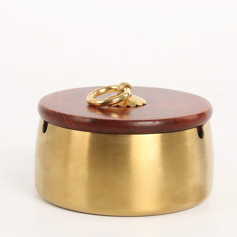 New Chinese Style Brass Ashtray Rosewood Cover Large High-end Antique Old Office Home Living Room Furnishings