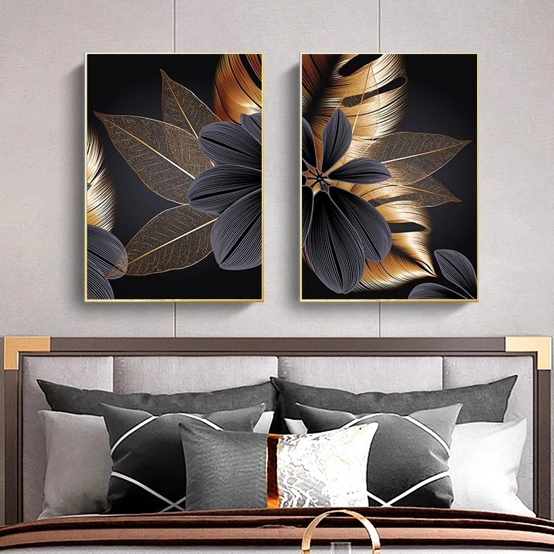 Foreign Trade Black Gold Leaf Canvas Poster Modern Home Decoration Painting Abstract Painting Nordic Living Room Decoration Painting Core