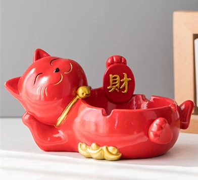 Cute Lucky Cat Ashtray Personality Trend Desk Home Living Room Anti-fly Ash With Cover Opening Ornaments