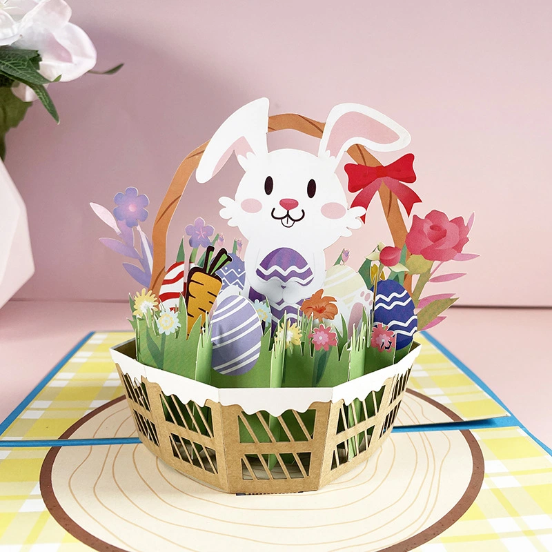 3D Paper Carved Rabbit Flower Basket Personalized Blessing Card