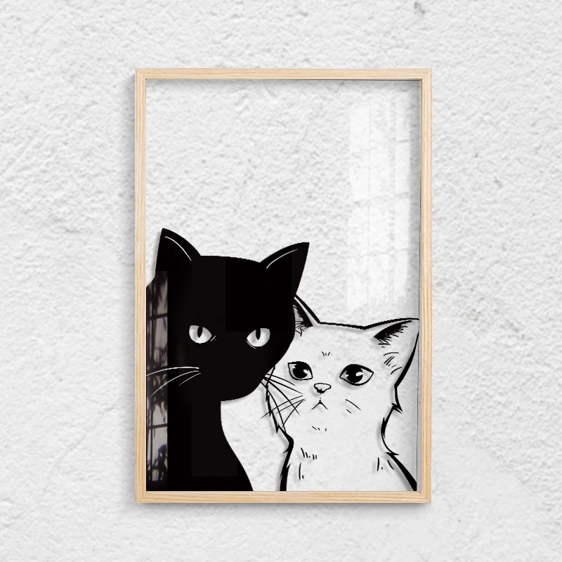 Transparent Wood Frame Cat Hanging Painting Black And White Decoration Mural