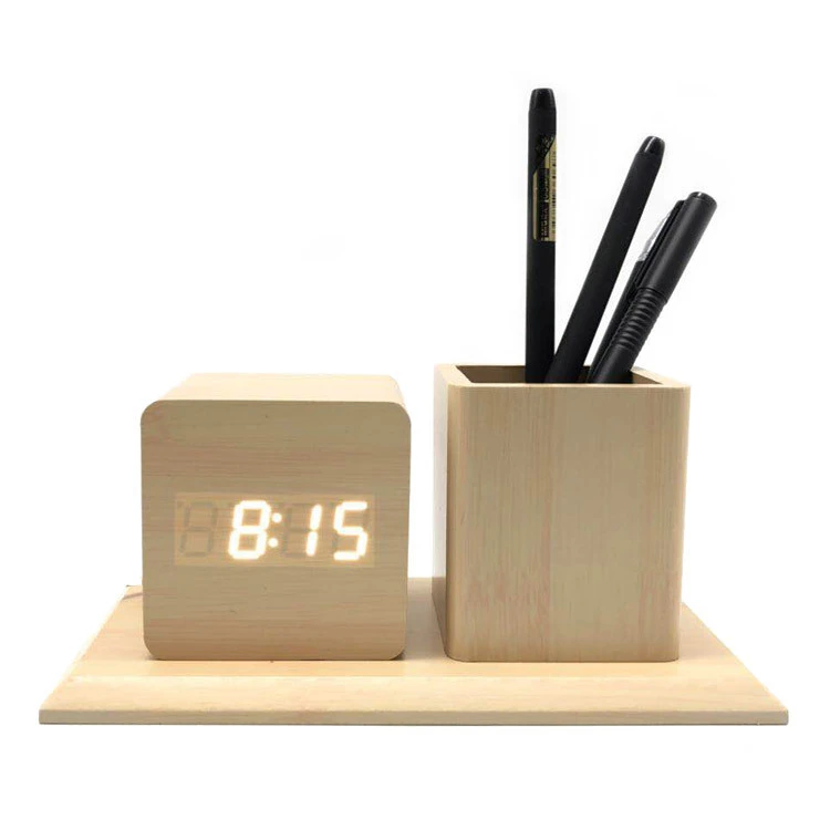 Fashion Led Wood Pen Holder Alarm Clock Student Digital Mute