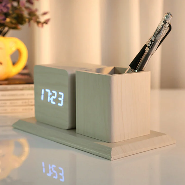 Fashion Led Wood Pen Holder Alarm Clock Student Digital Mute