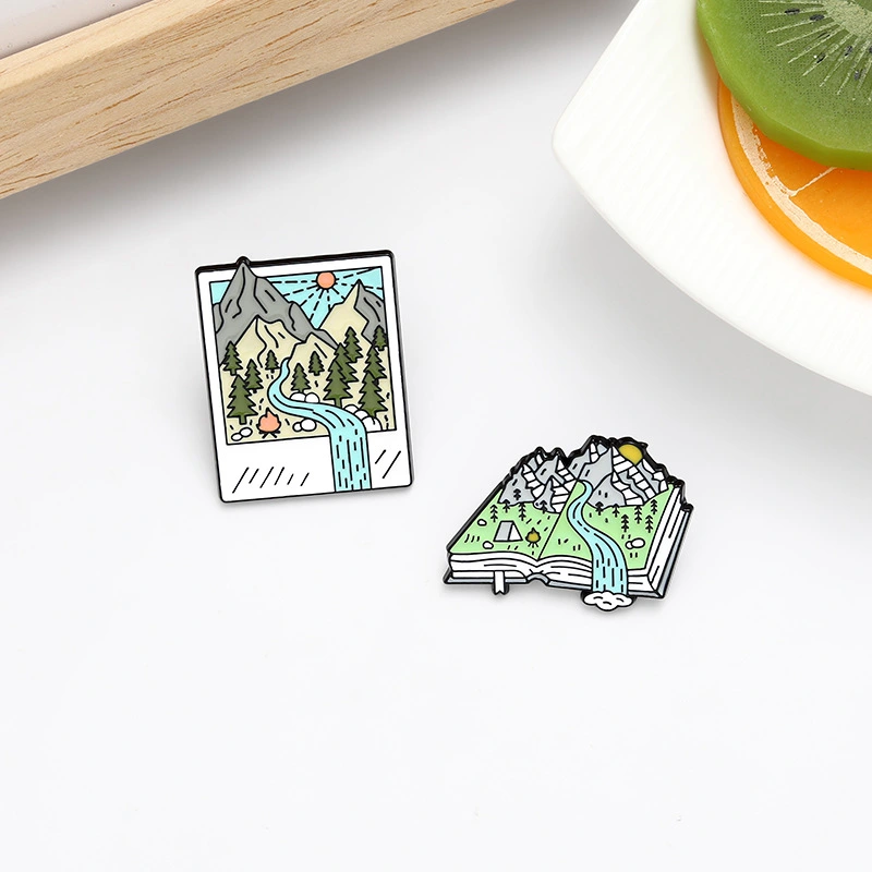 Landscape Picture Ornament Brooch Mountain Peak River Ticket Book Shape Brooch