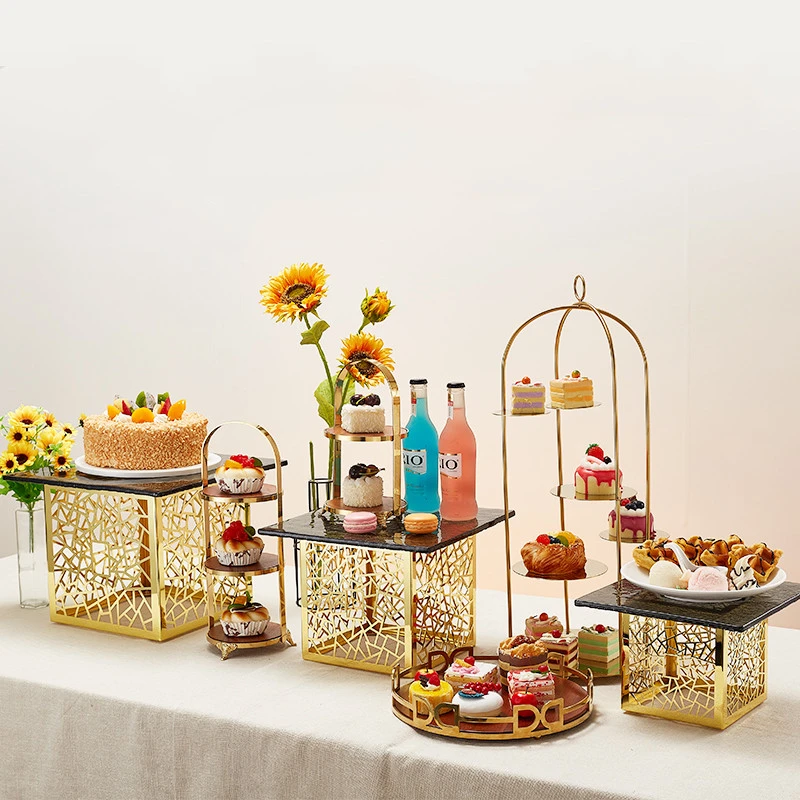 High-end Desserts Are Placed On The Buffet Table Food Display Shelf