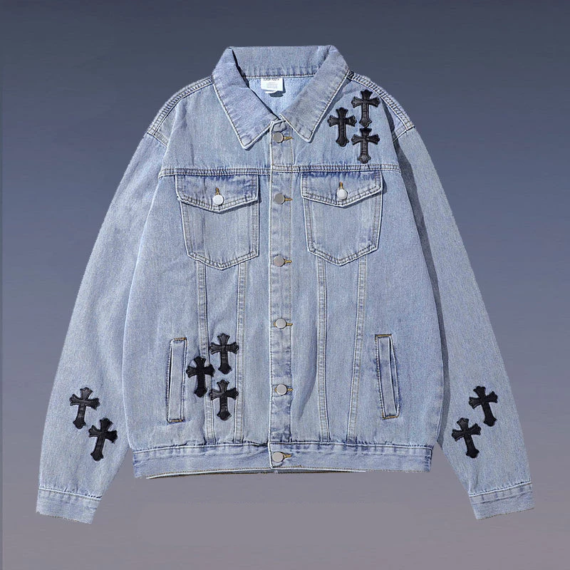 Hip Hop Retro Washed Denim Jacket Cross