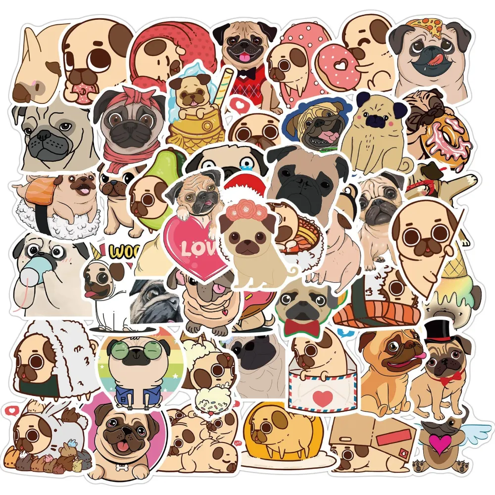 50 Cute Animal Pug Suitcase Motorcycle Trolley Suitcase Laptop Waterproof Stickers