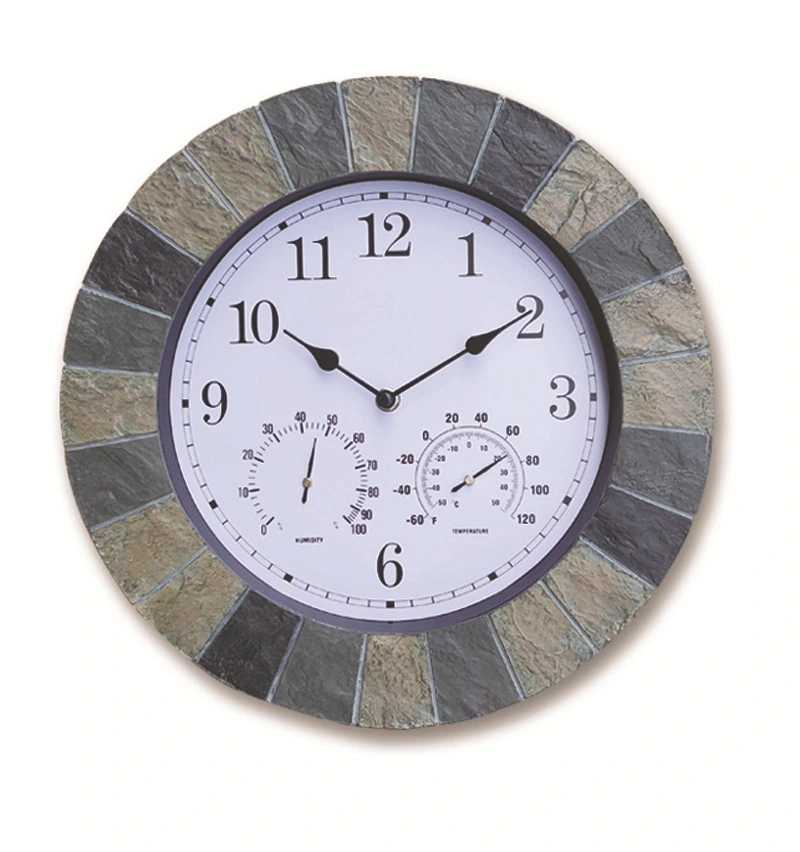 Dustproof And Waterproof Outdoor European Style Resin Wall Clock With Temperature And Hygrometer