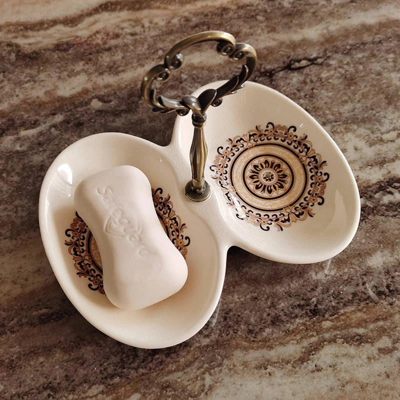 Creative Ceramic Double-compartment Drain Soap Box With Alloy Handle