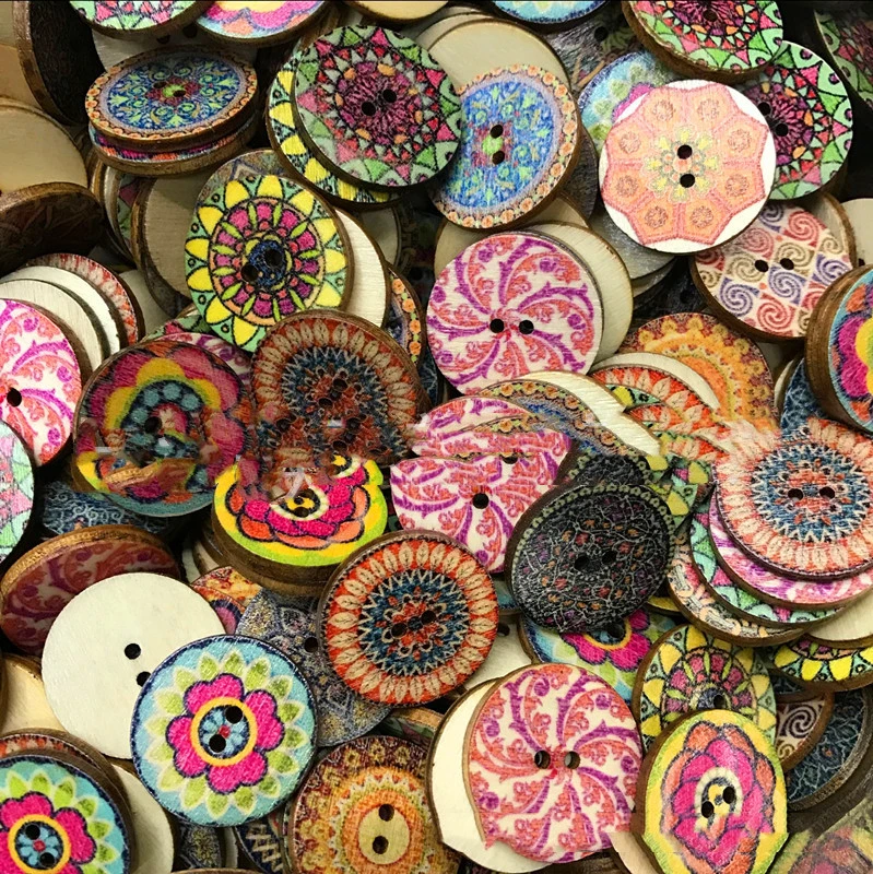 Wooden Buttons With Round Print Flowers