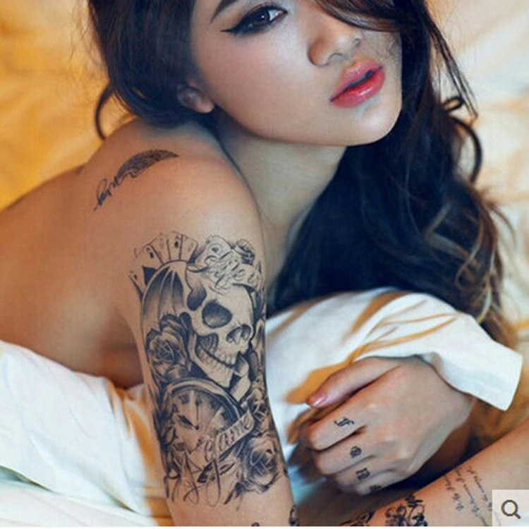 Black And White Skull Head Flower Arm Tattoo Sticker