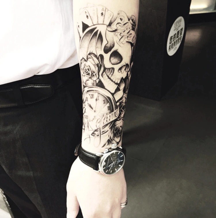 Black And White Skull Head Flower Arm Tattoo Sticker