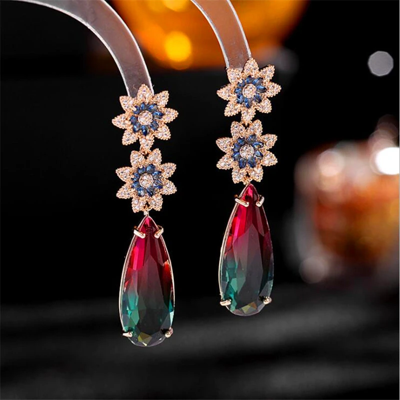 Ladies Color Gradient Flower Drop Earrings