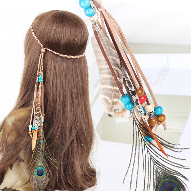 Indian Colored Beads Peacock Feather Leather Rope Pendant Hair Accessory