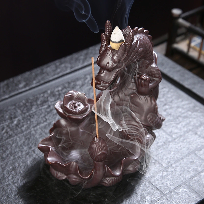 Dragon Decoration Incense Burner Purple Clay Ceramics Back Flow
