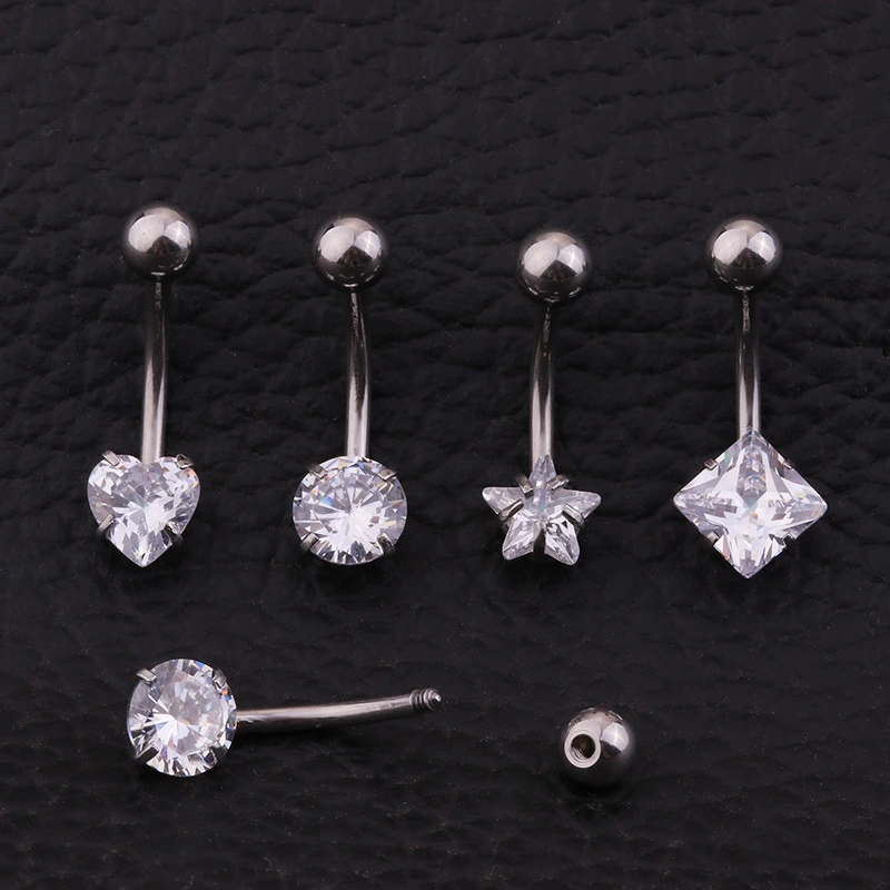 Heart Five-pointed Star Square Round Zircon Belly Button Nail Stainless Steel