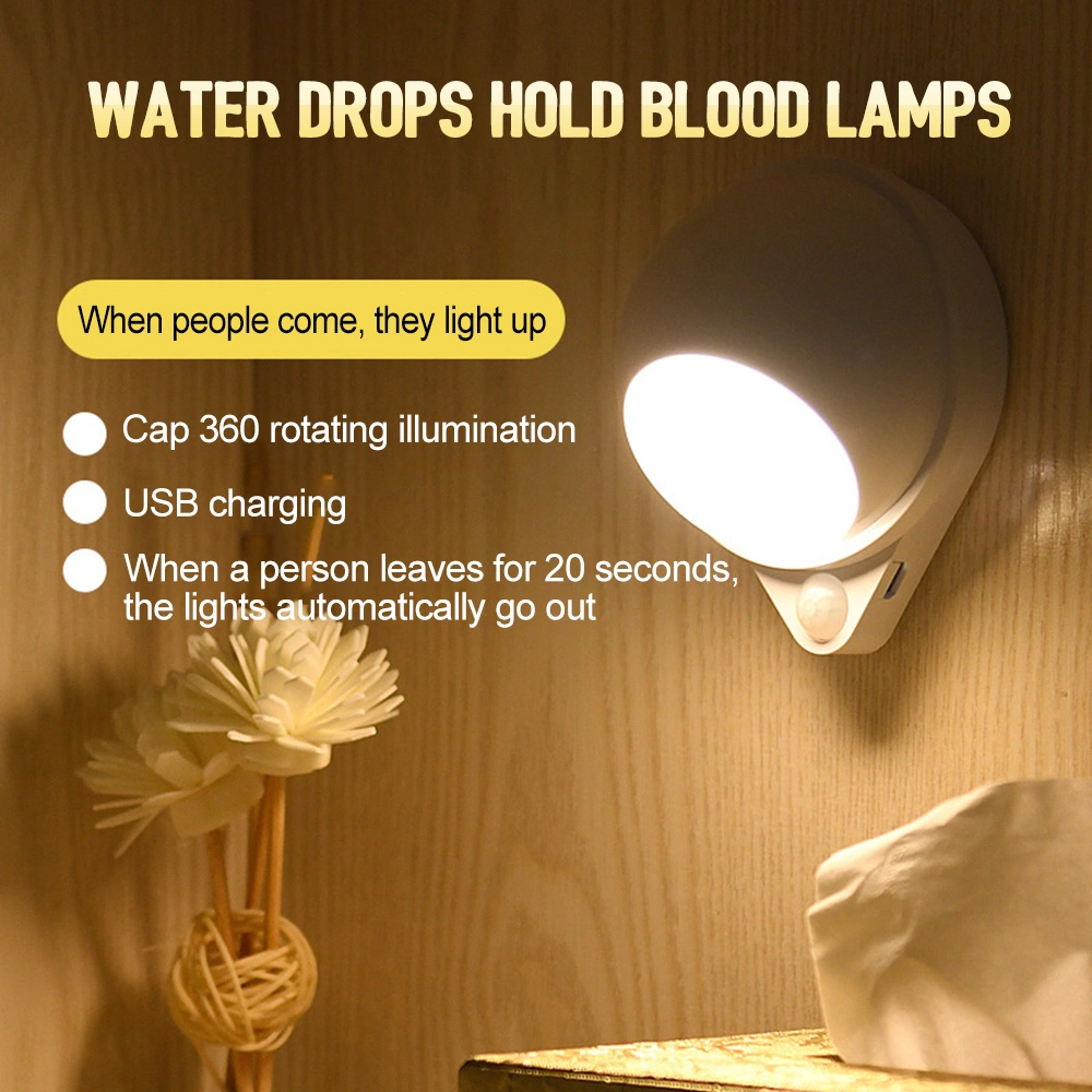 Human Body Induction 360 Rotating Water Drop Night Light Bedroom Bedside Charging