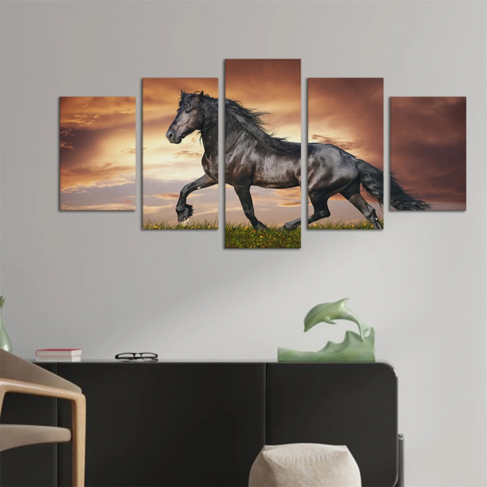 Five-piece Set Of Prairie Horse Galloping Oil Painting Decoration At Dusk