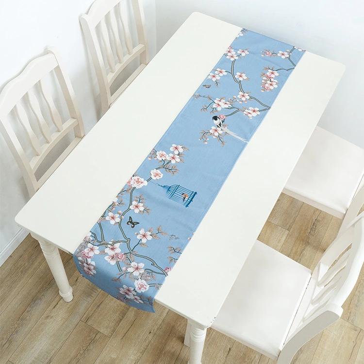 Imitation Hemp Chinese Style Flower And Bird Meticulous Painting Table Runner