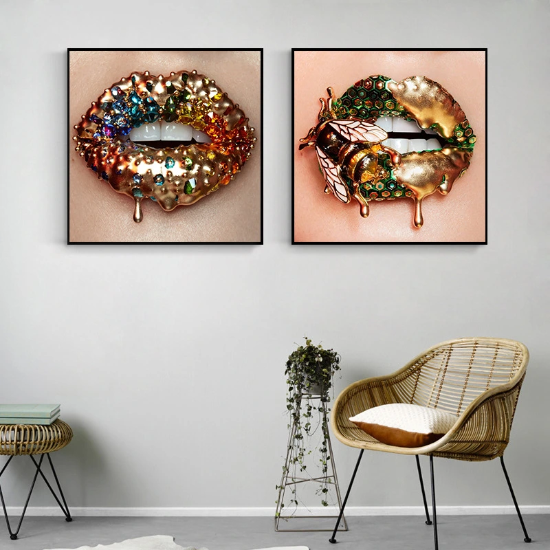 Creative Golden Bee Lips Art Decoration Painting Home Living Room Entrance