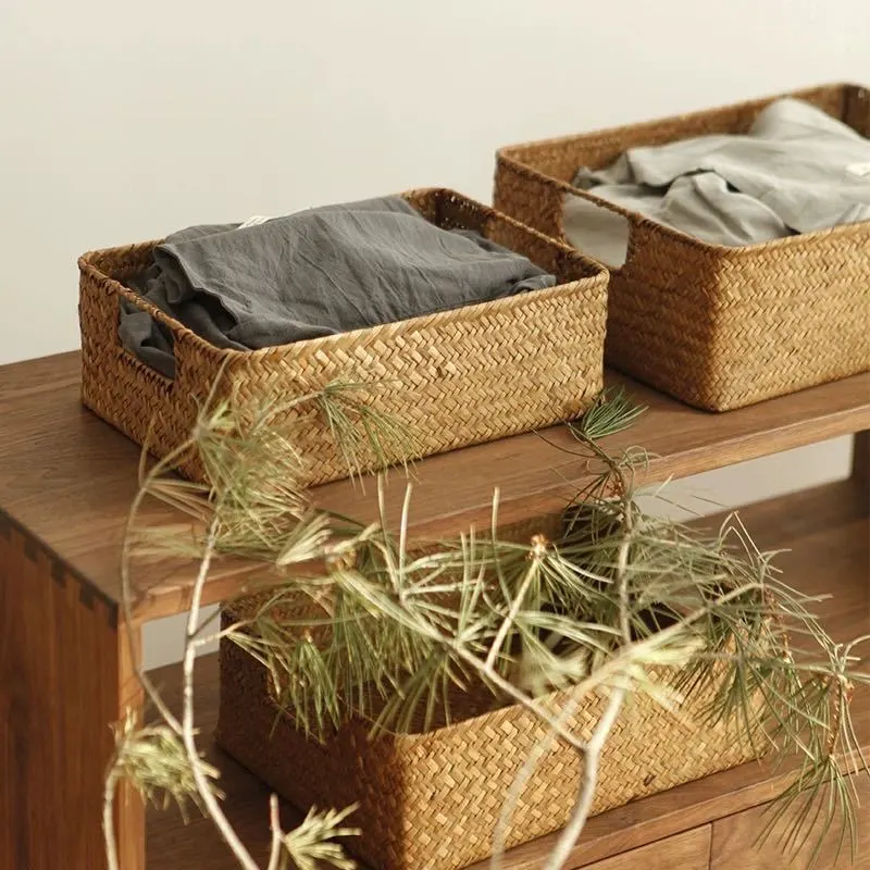 Household Simple Straw Woven Rectangular Storage Basket