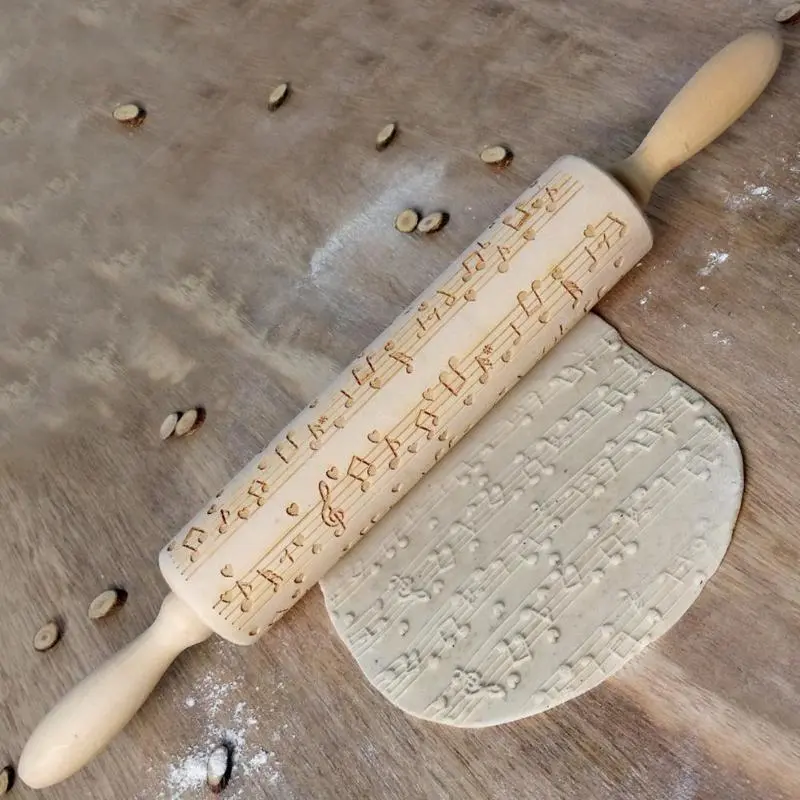 Wooden Musical Note Printing Rolling Pin Wooden Carved Embossed Dry Dough Stick Cookie Rolling Pin