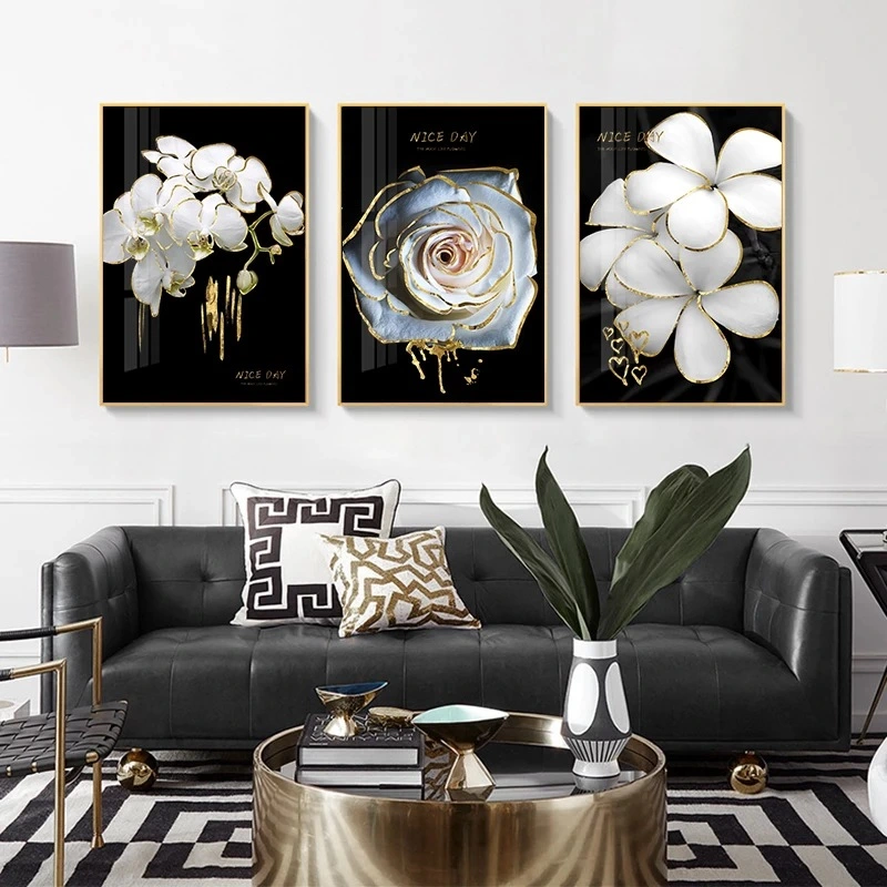 Black And White Flower Poster Golden Canvas Painting