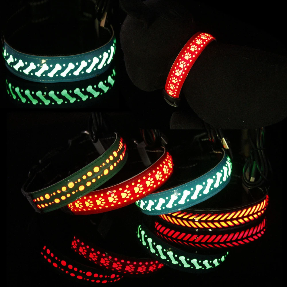 LED Luminous Pet Dog Collar Engraved Leather