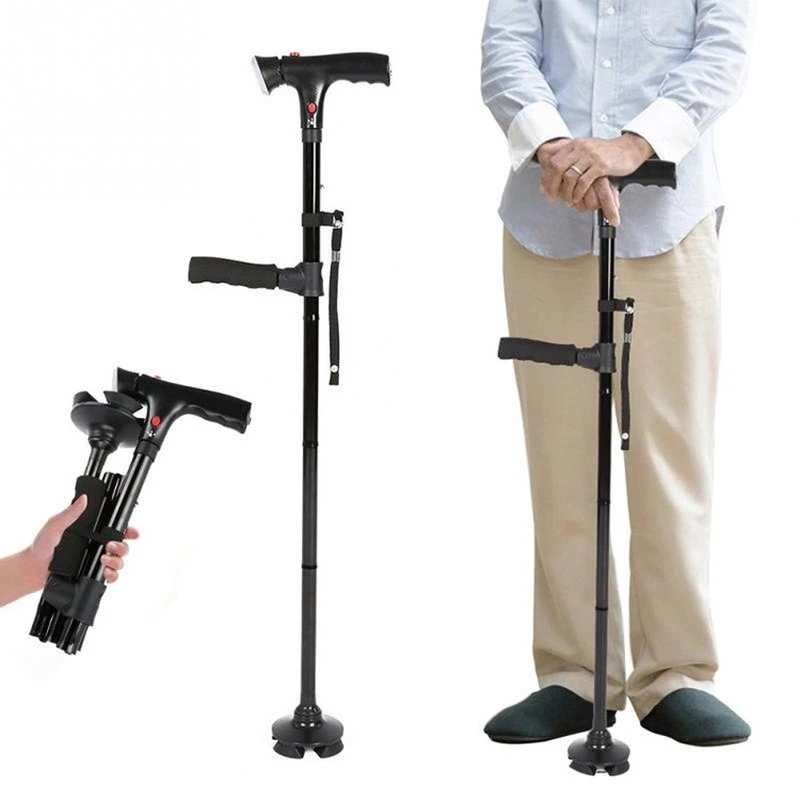 Tumbler Folding Crutch With Alarm LED Light Double Handle