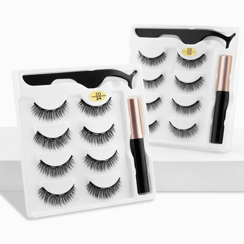 Four Pairs Of Magnetic False Eyelashes Set With Tweezers Eyeliner