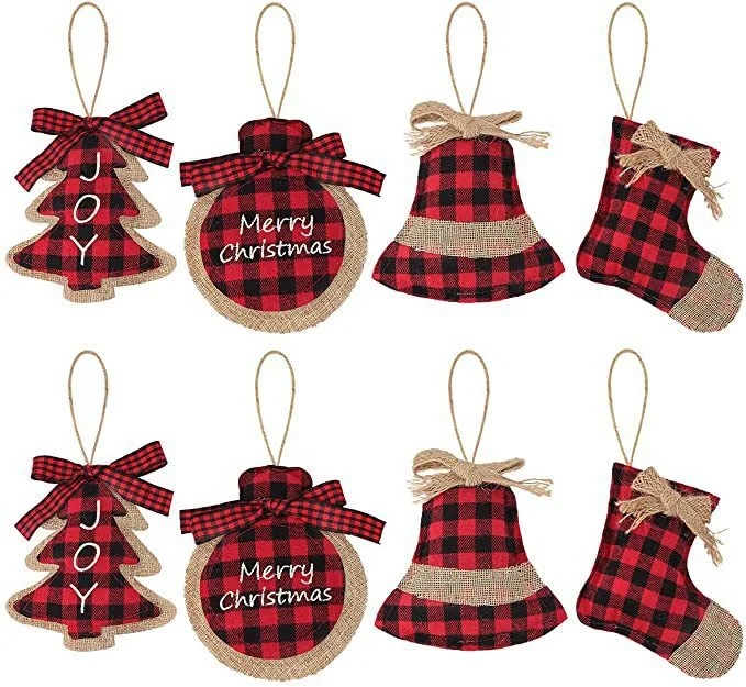 8 Pieces Of Christmas Buffalo Lattice Ornaments Fabric Ball Decorations