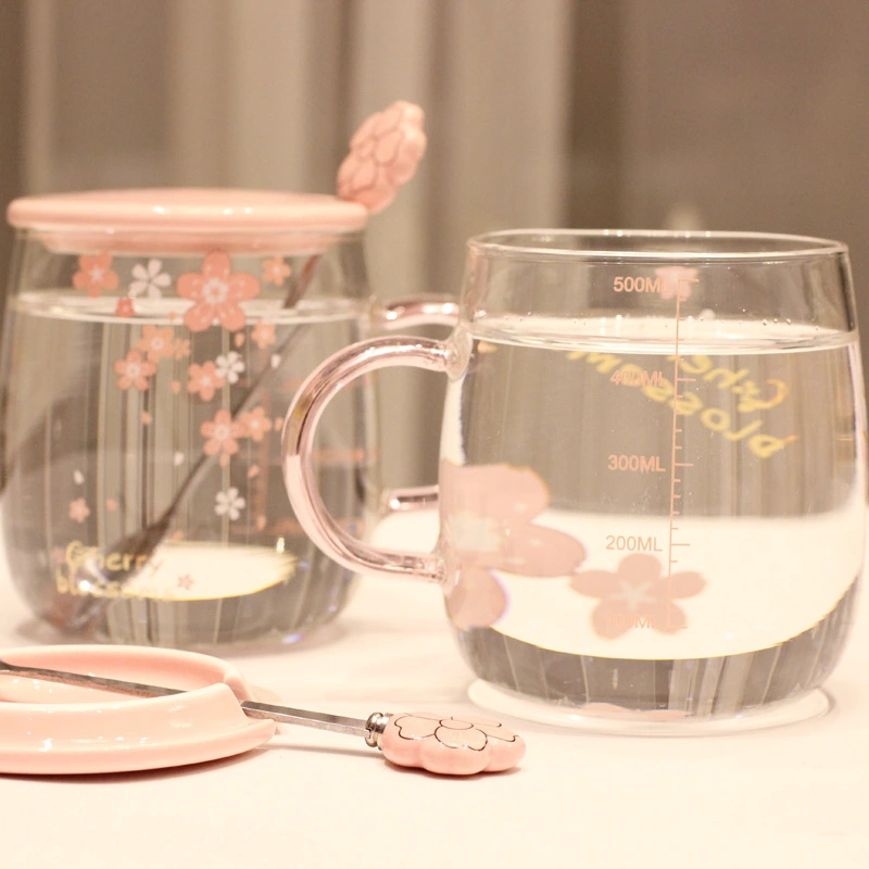 Glass Spoon With Lid Heat-resistant Flower Tea Cup Cute Girl Home