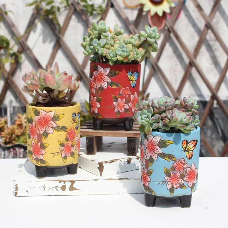 Hand-painted Succulent Flower Pot Stoneware Handmade Home Decoration With Feet