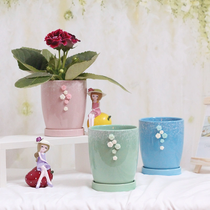 Flower Fairy Small Ceramic Flower Pot Nordic Style Round Simple With Tray