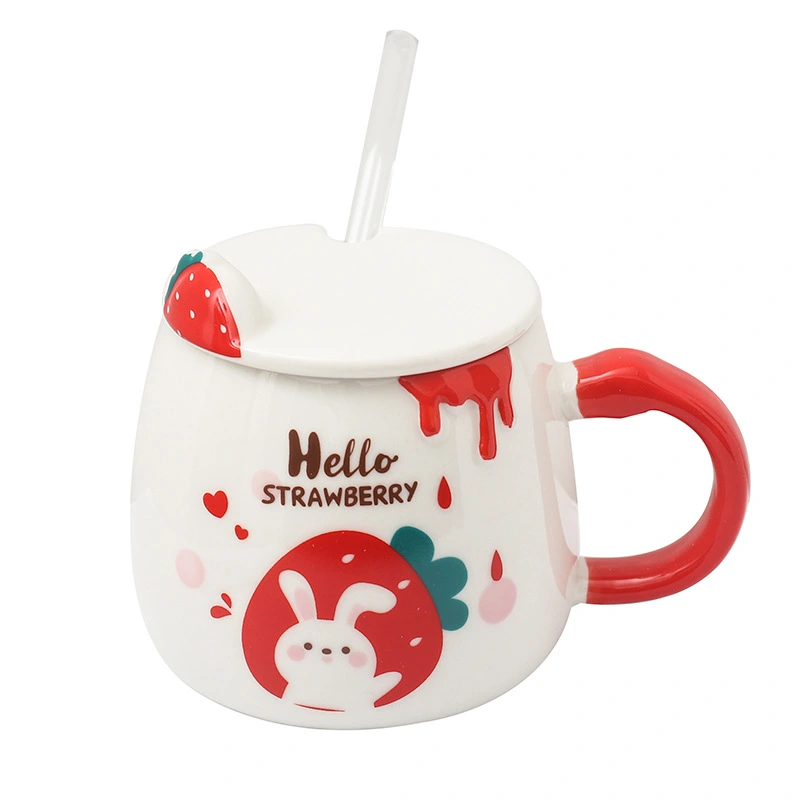 Cute Cartoon Strawberry Rabbit Straw Ceramic Cup