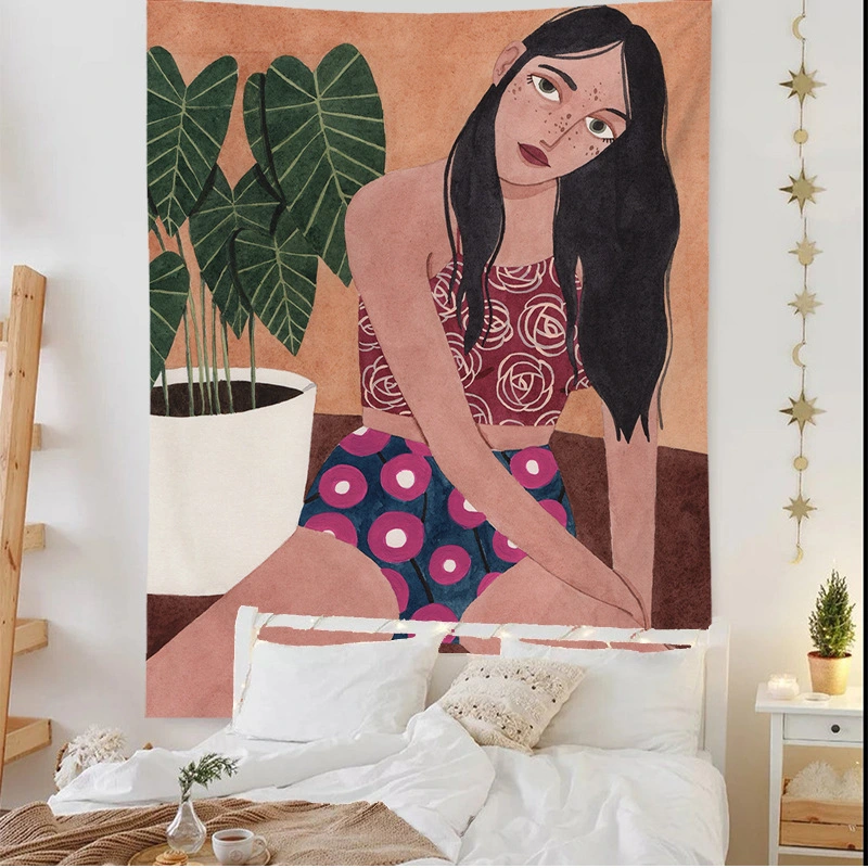 Casual Girl Illustration Picture Wall Photo Decoration Background Cloth Tapestry