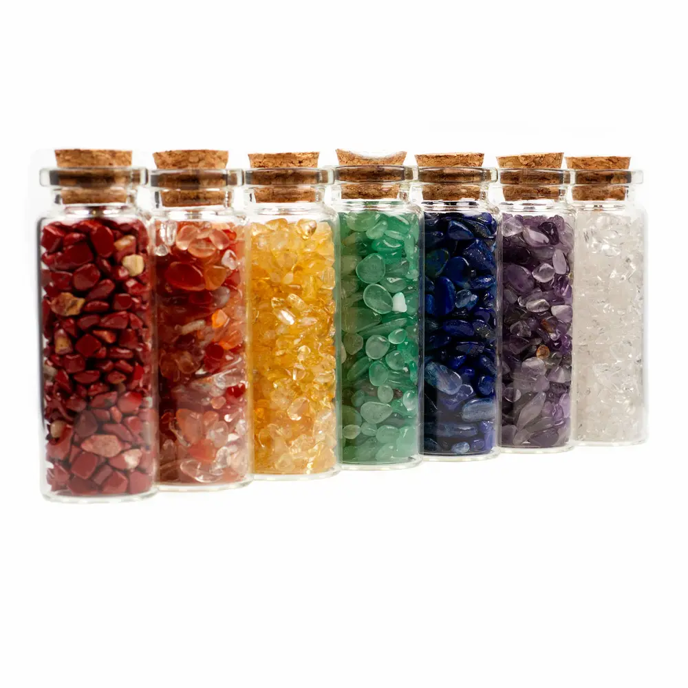 Cherry Tree Collection Crystals and Healing Stones Chakra Set - Mini Glass Bottles with Gemstone Chips - 7 Chakra Stones - Real Rocks and Crystals