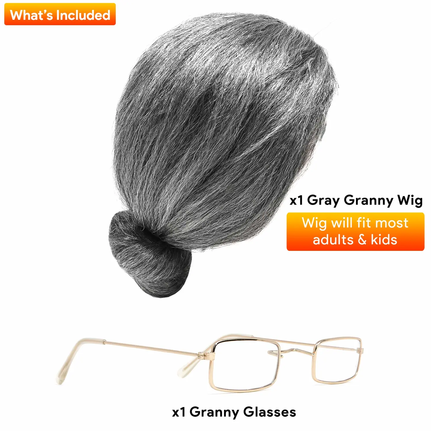 Skeleteen Old Lady Costume Set - Grey Granny Wig and Fake Gold Rectangle Eyeglasses Grandma Set for Women and Girls