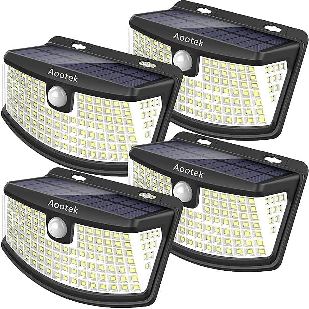 Aootek New Solar Motion Sensor Lights 120 LEDs with Lights Reflector,270° Wide Angle, IP65 Waterproof, Step Lights for Front Door, Yard, Garage, Deck (Back Button 4-Pack)