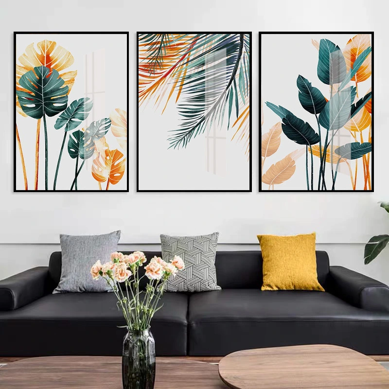 Simple Green Tropical Plant Gold Green Leaf Wall Art Oil Painting